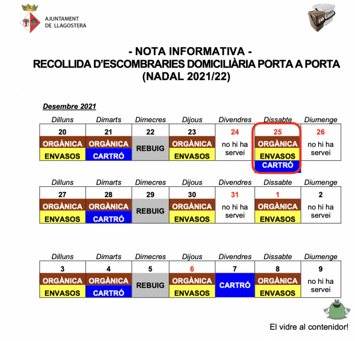 Recollida d'escombraries porta a porta durant les Festes de Nadal