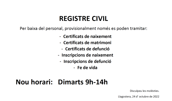 Nou horari i serveis del registre civil llagostera registre civil llagostera