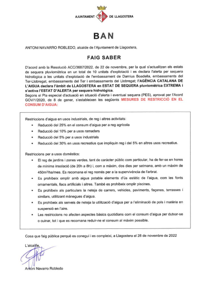 BAN de mesures de restricció en el consum d'aigua BAN de mesures de restricció en el consum d'aigua