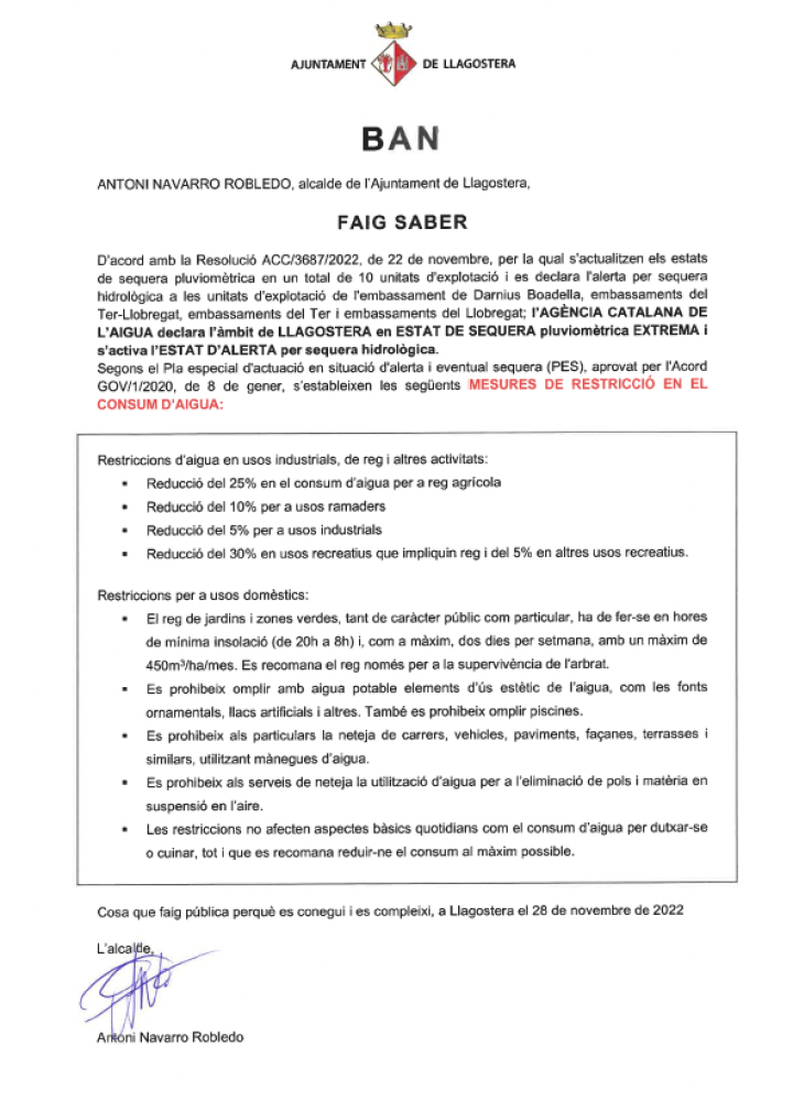 BAN de mesures de restricció en el consum d'aigua