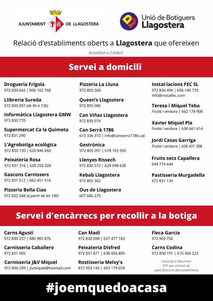 Relació d'establiments oberts amb servei a domicili o d'encàrrecs